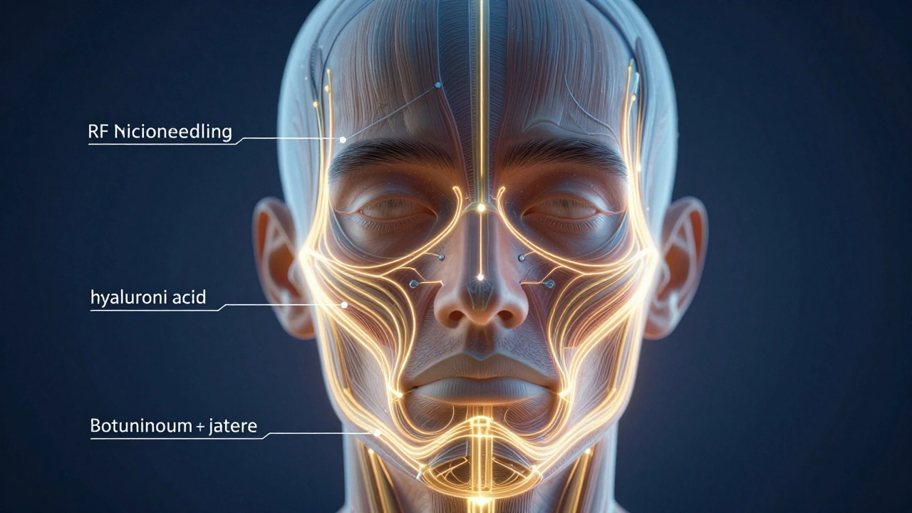 An artistic depiction of facial treatments stimulating collagen and restoring volume with glowing pathways.