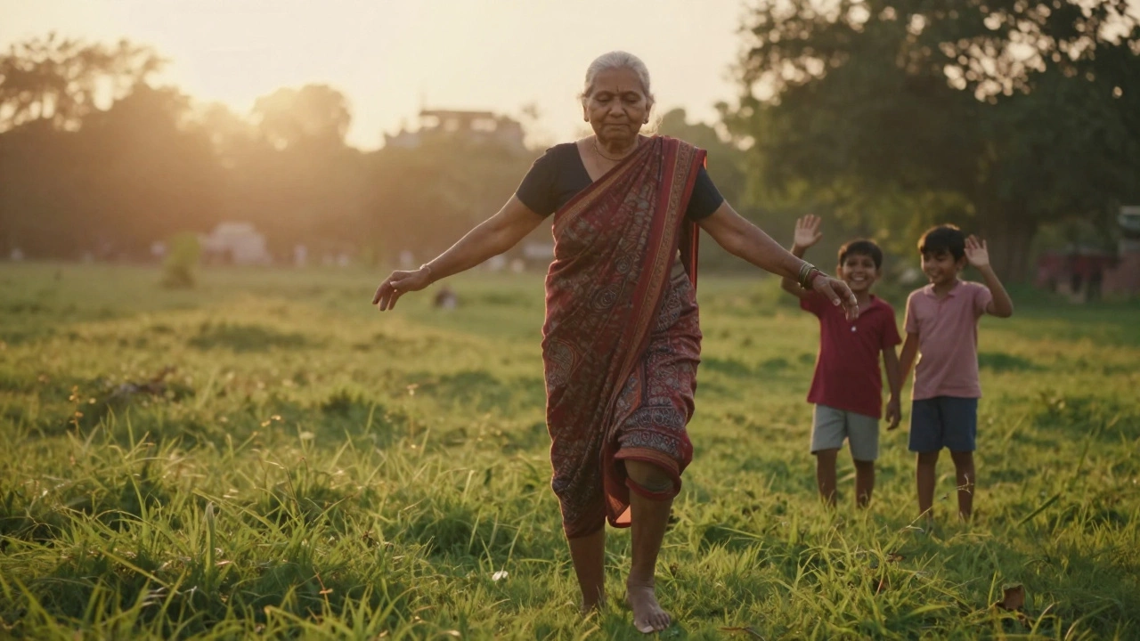 An elderly woman walking barefoot on grass after knee replacement, smiling as grandchildren watch.