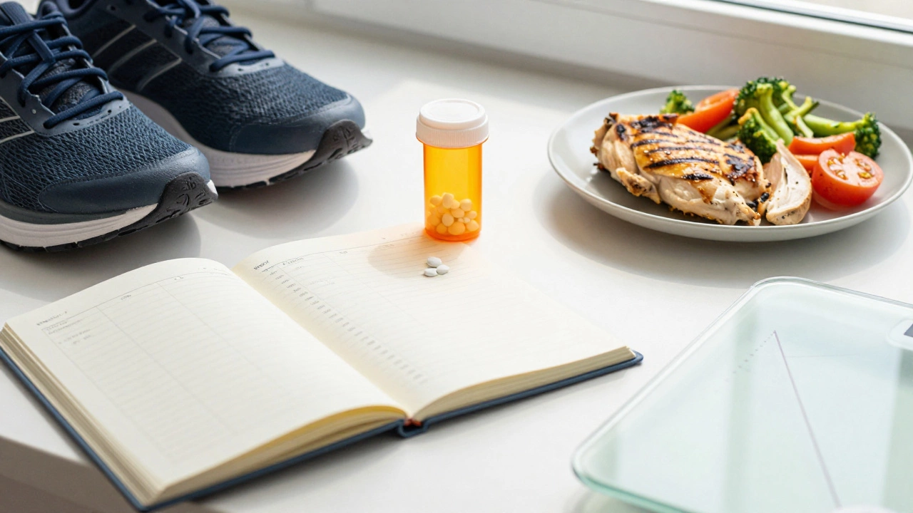 An empty metformin bottle beside healthy food, shoes, and a journal, showing the real keys to weight loss.