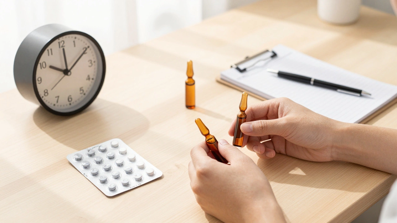 Hands organizing medicine bottles on wooden desk near clock