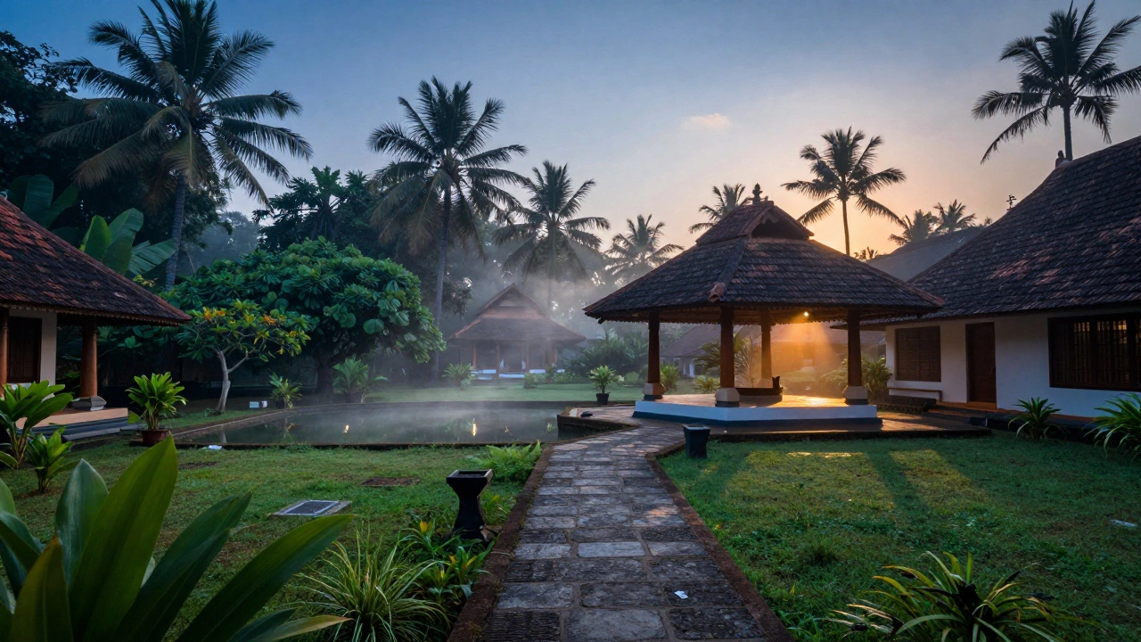 Morning mist over a tropical wellness retreat courtyard