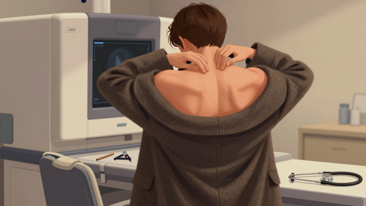 Person removing a thick coat to expose their back for spinal examination in a clinical setting.