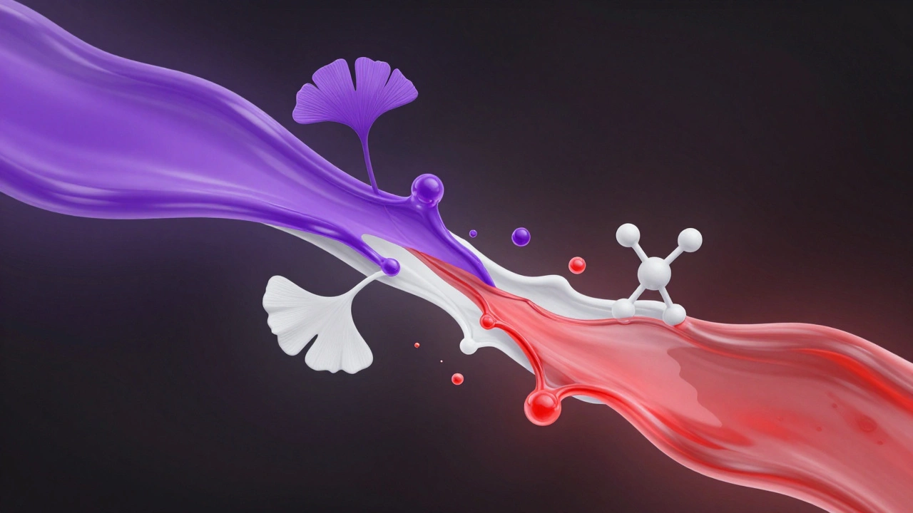 Purple and white liquids mixing into red stream abstract art