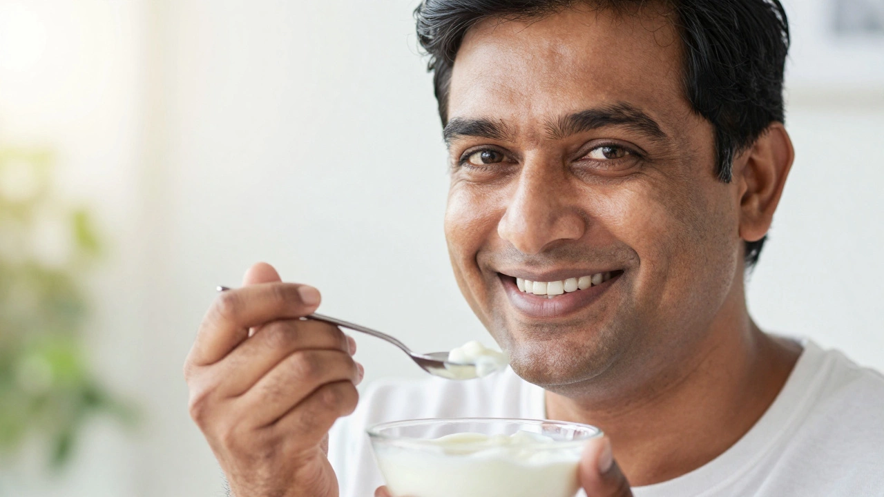 Smiling person eating soft food after dental implant recovery.