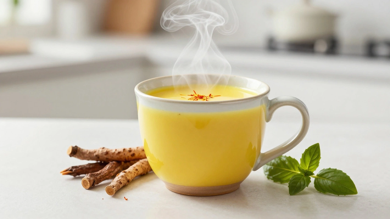 Steaming turmeric milk mug with saffron and roots nearby