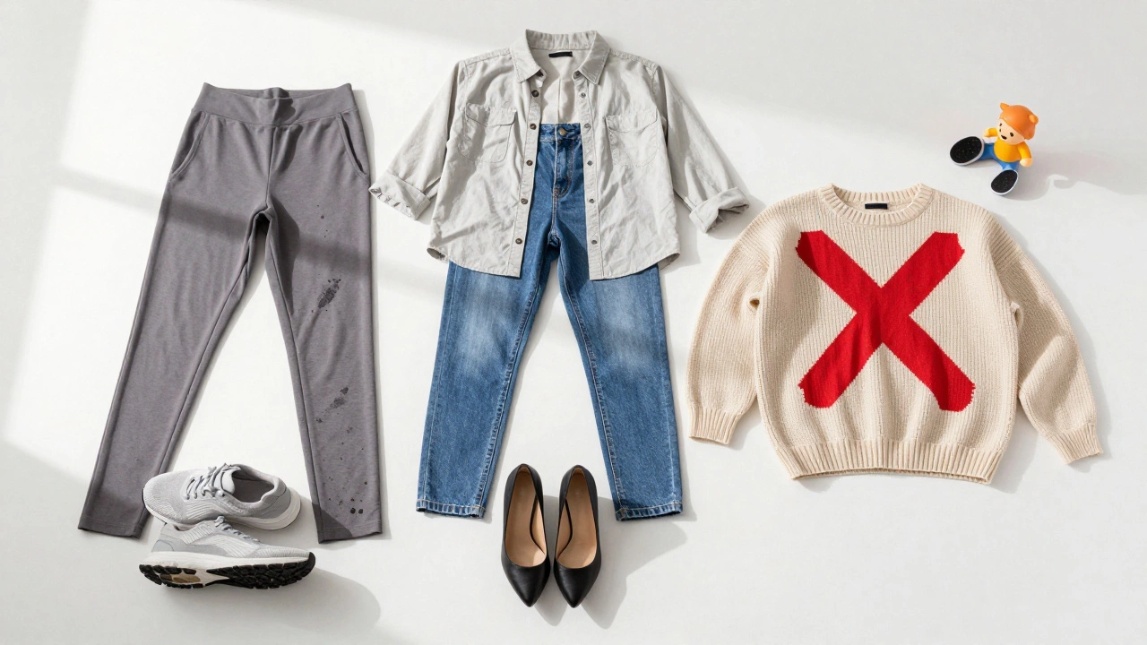 Three pairs of ideal orthopedic appointment clothes beside items to avoid, laid out on a clean surface.