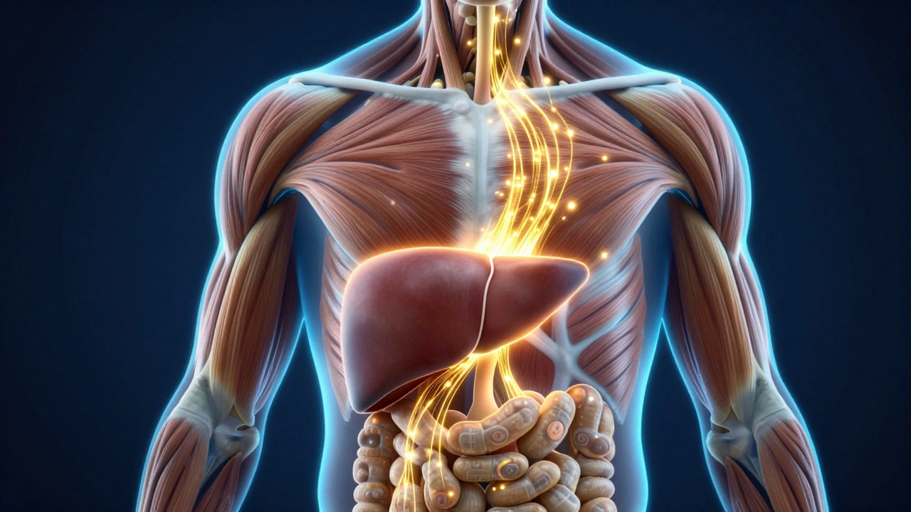3D illustration of glucose moving from the liver to muscles in a human body.
