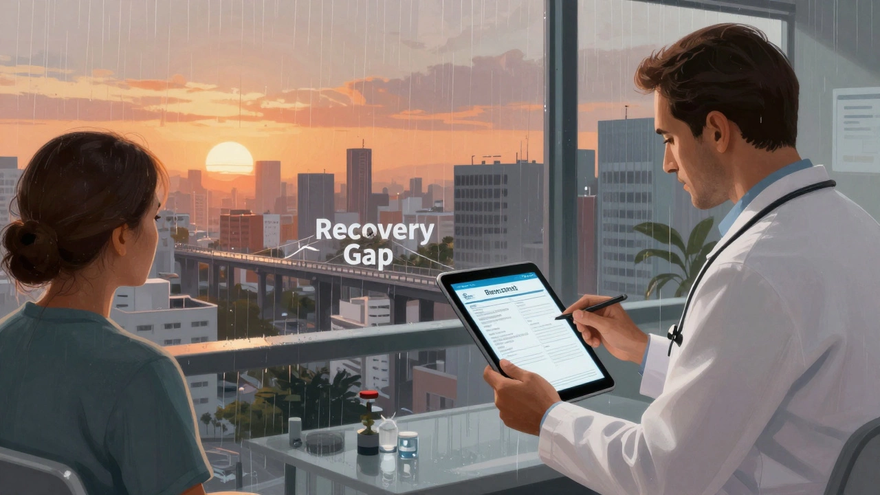 A doctor reviewing surgical reports that act as a bridge between a Mexican city and a home clinic