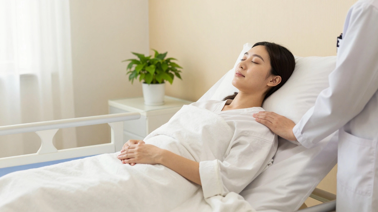 A woman resting calmly in a clinic after an embryo transfer procedure.