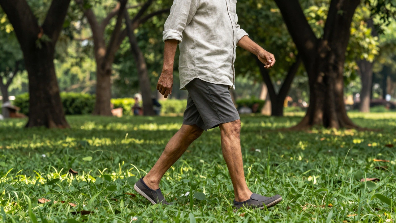 An older adult walking in a green park, symbolizing a healthy active lifestyle.