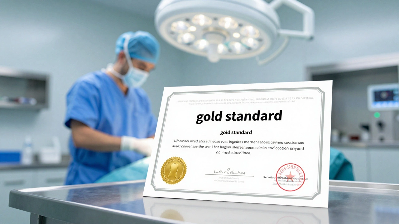 Close-up of a gold medical accreditation seal on a sterile surgical table in an operating room