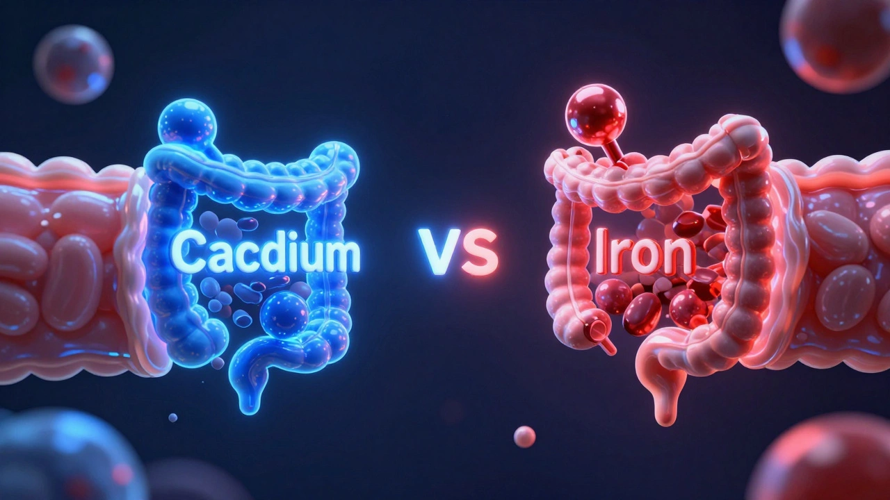 Conceptual 3D illustration of calcium and iron molecules competing to enter a biological gateway