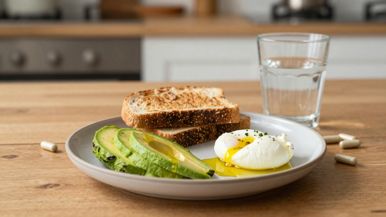Healthy breakfast with avocado and eggs next to supplement capsules on a wooden table