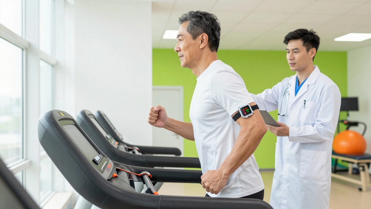 Man exercising on a treadmill in a cardiac rehab clinic with a healthcare provider