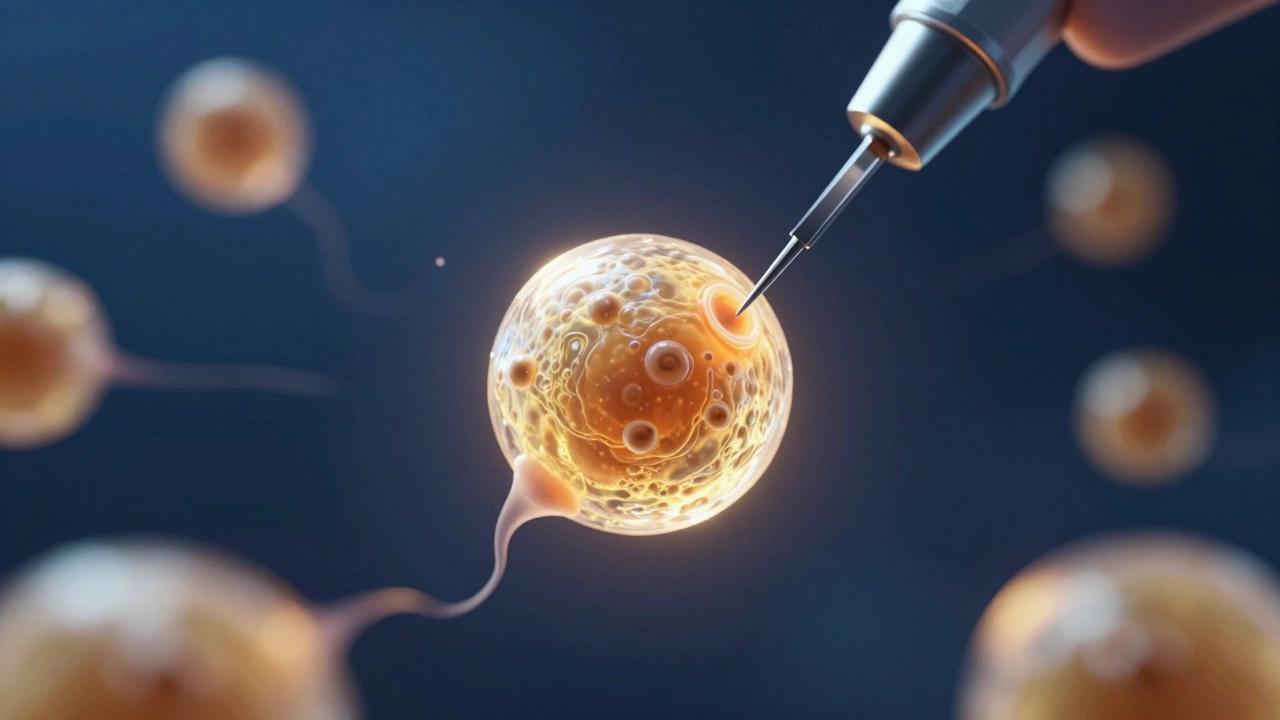 Microscopic 3D render of ICSI fertilization process in a lab.