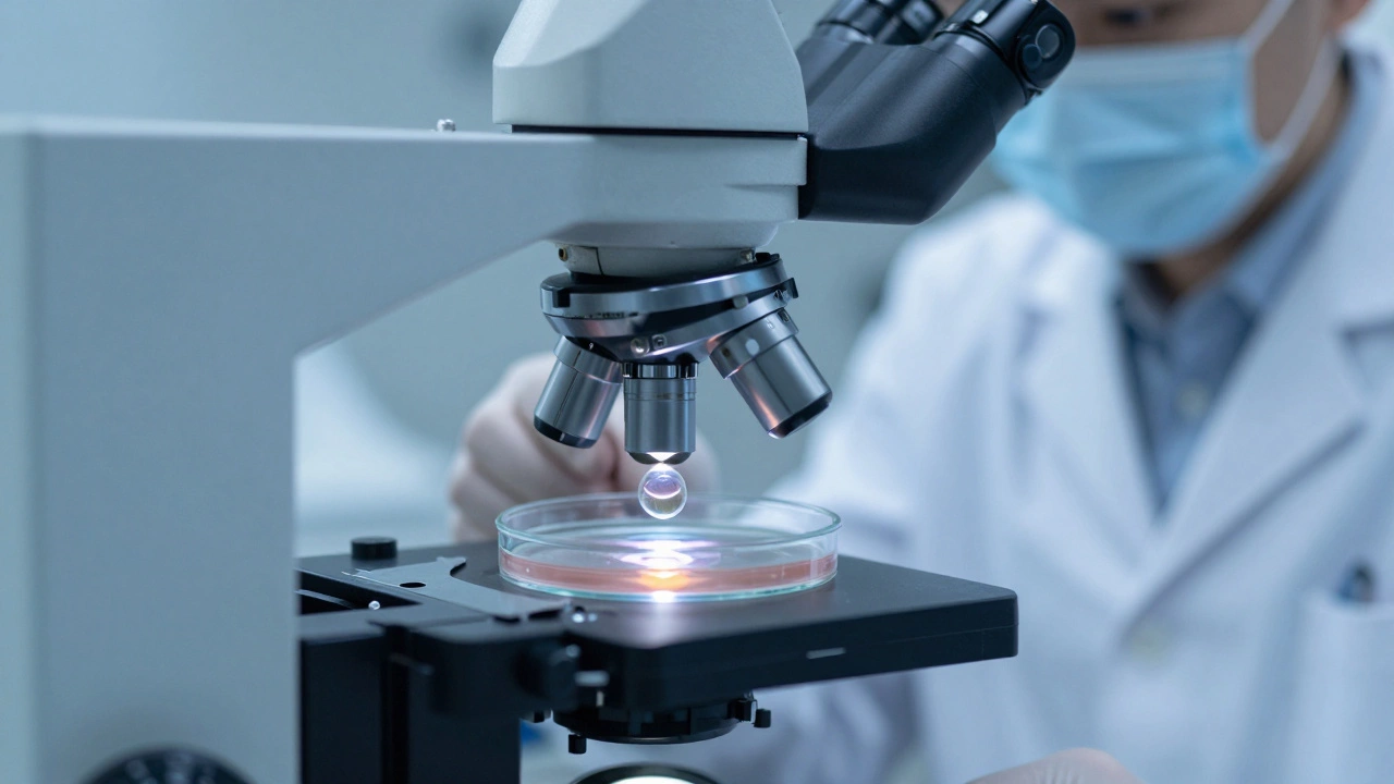Microscopic view of a blastocyst embryo in a laboratory petri dish
