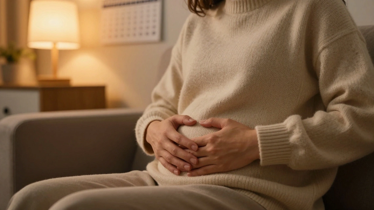 Woman resting her hands on her stomach while waiting for IVF results