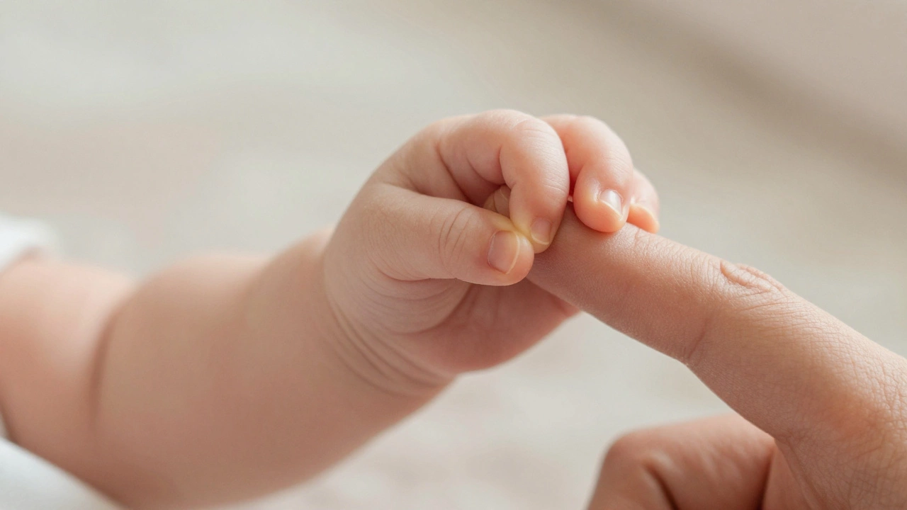 Baby hand holding adult finger symbolizing natural birth