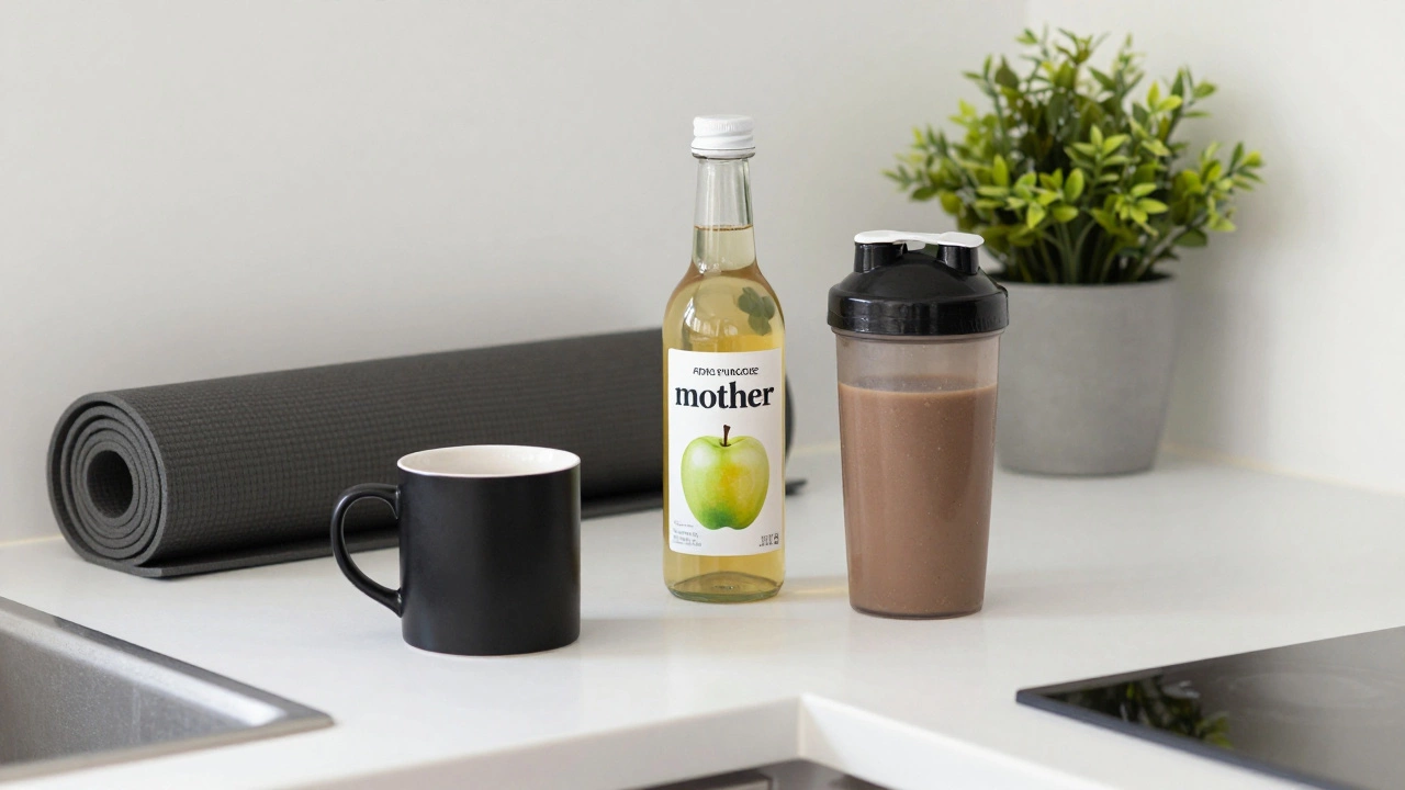 Coffee, vinegar, and protein shake on kitchen counter