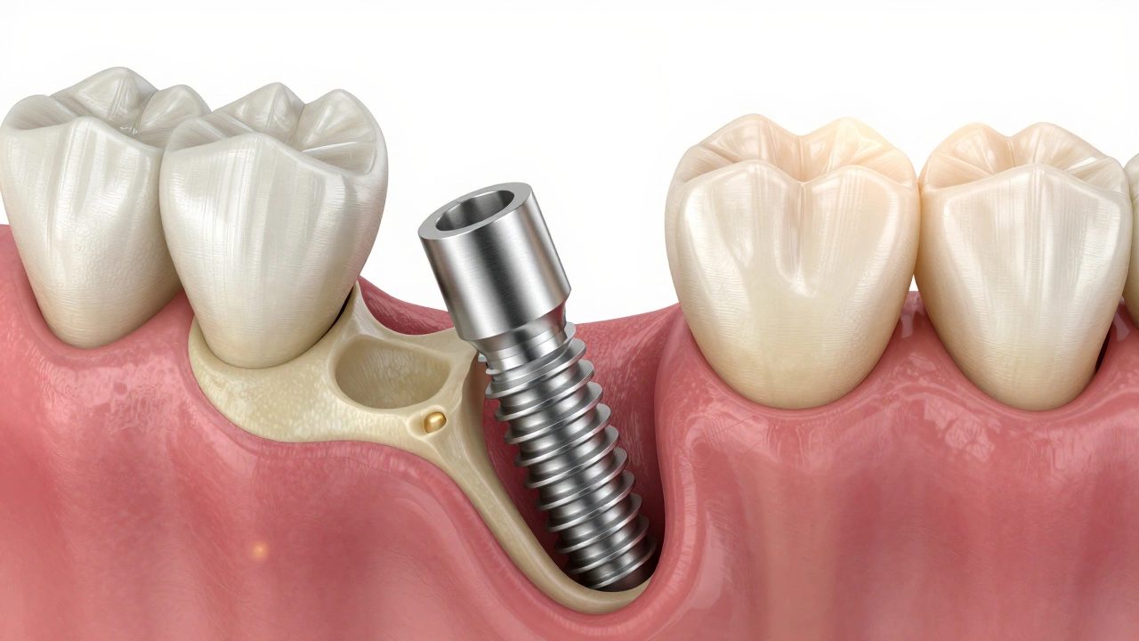Cross-section showing titanium implant fused with jawbone