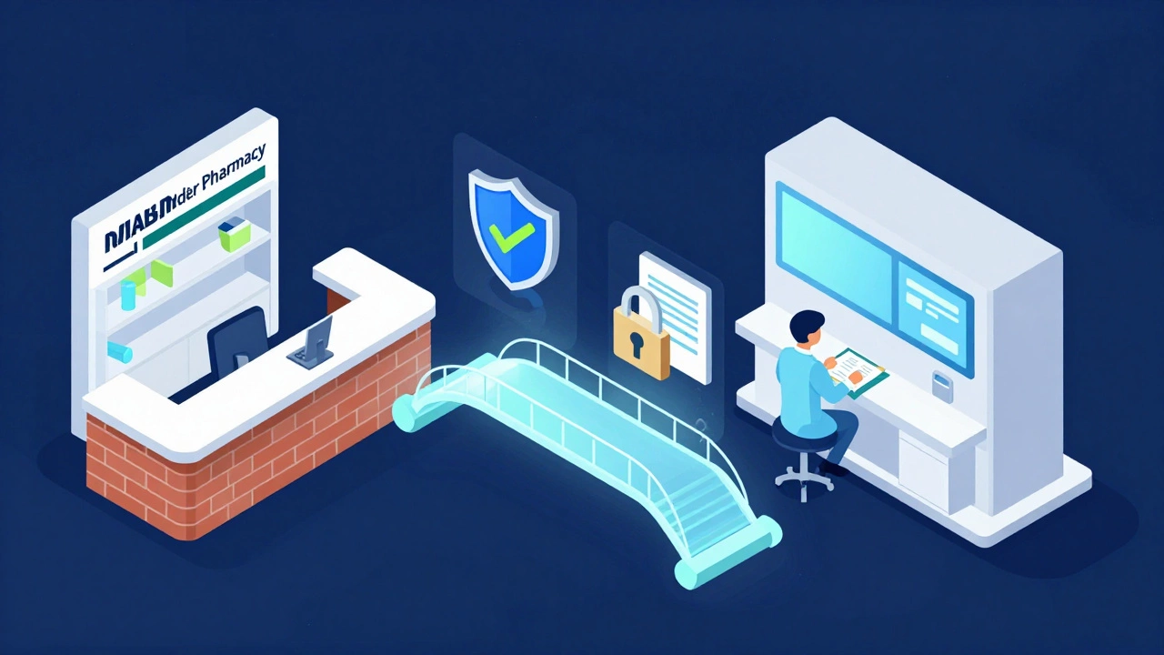 Digital illustration of secure pharmacy data transfer with safety and privacy icons
