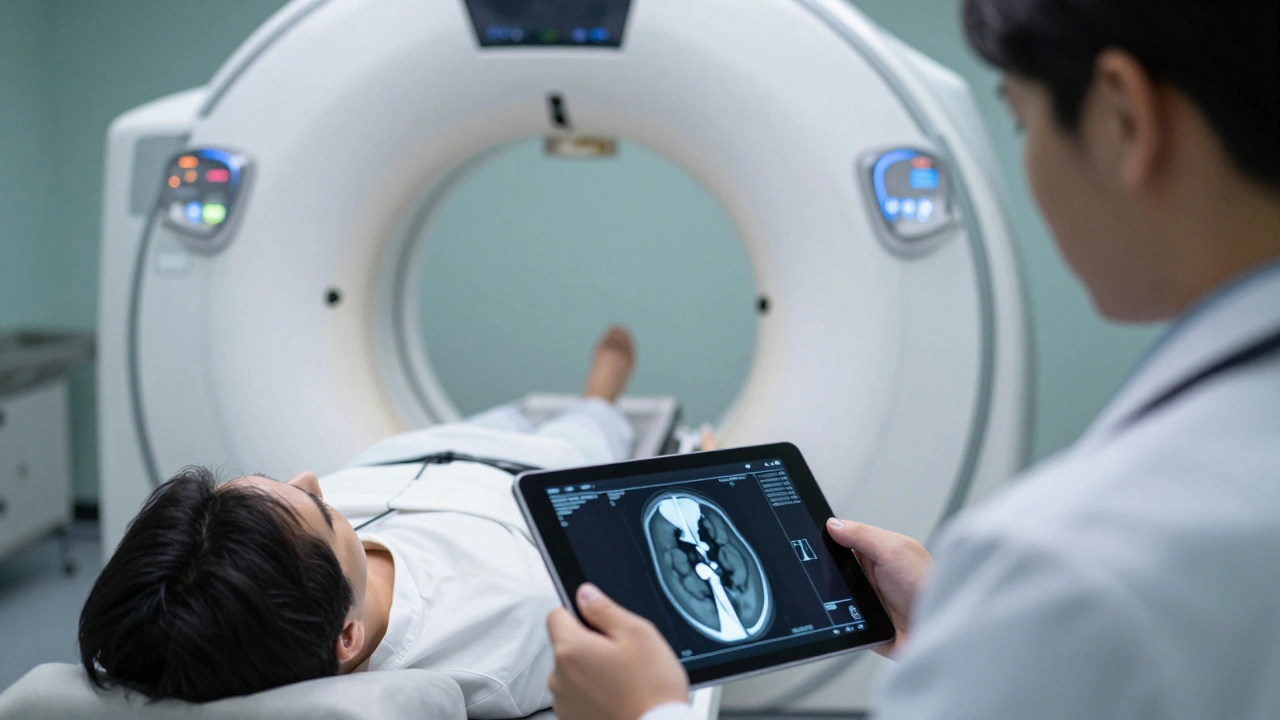 Doctor reviewing 3D CT scan data in a modern radiology room
