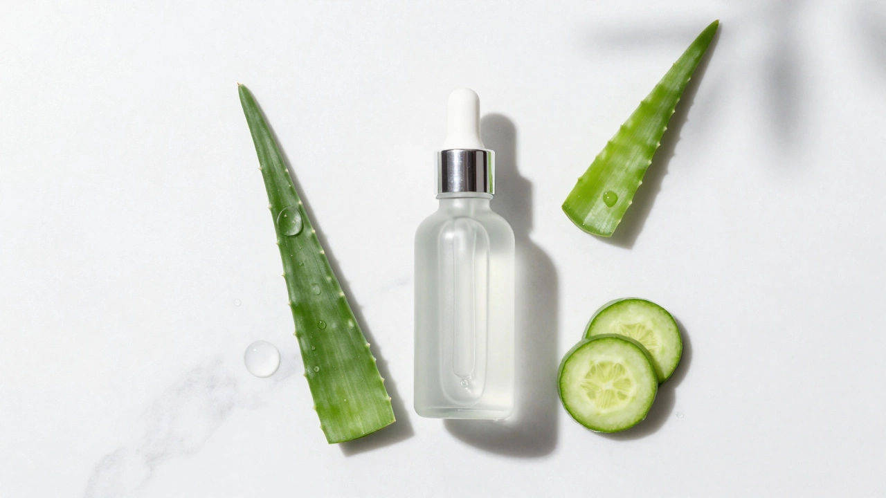 Hydrating toner bottle with aloe and cucumber on marble