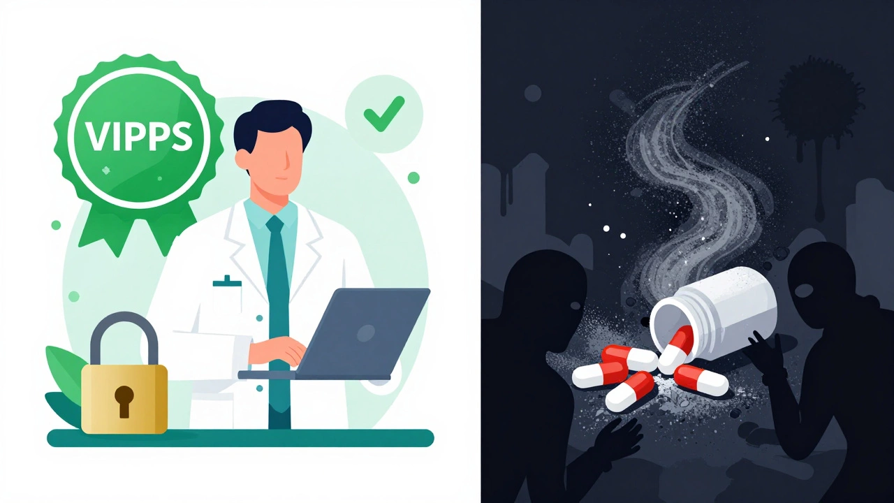 Split illustration contrasting verified safe pharmacies with scam risks