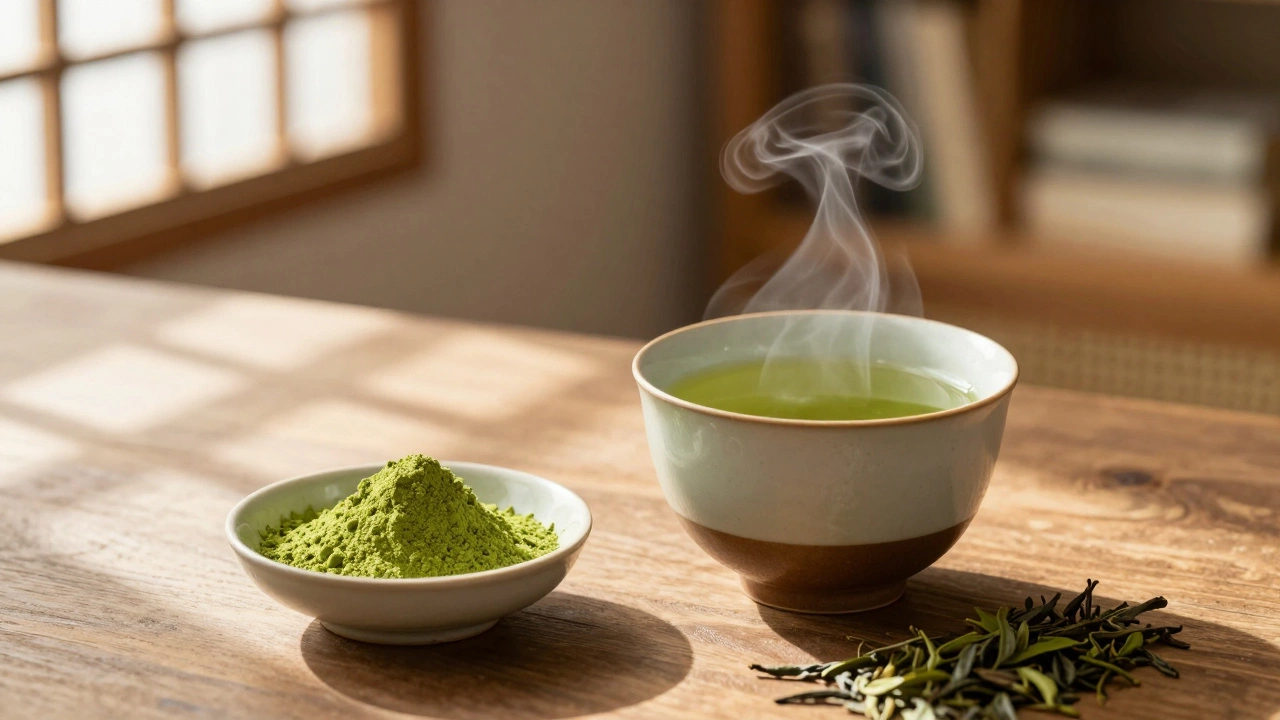 Steaming cup of green tea and matcha powder in sunlight