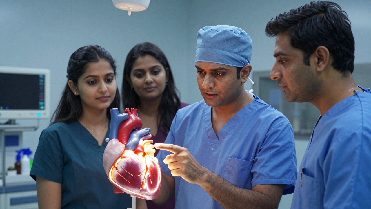 Surgeon explaining heart surgery using hologram model