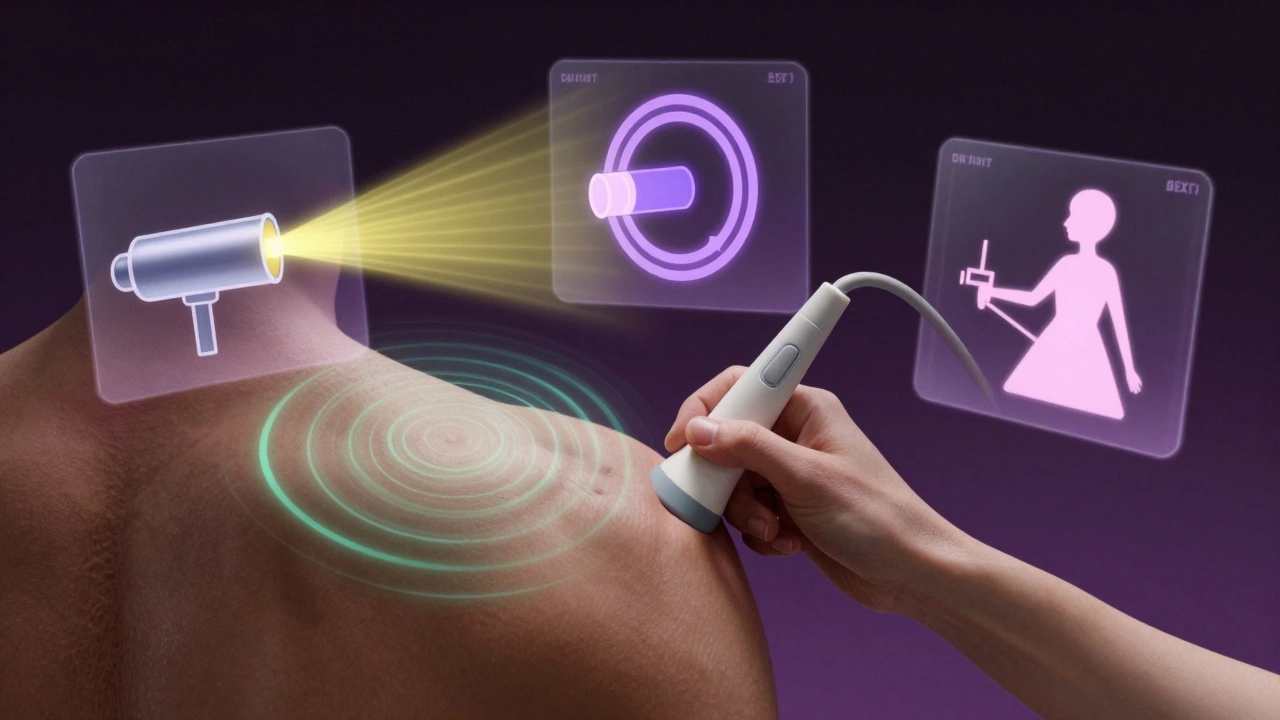 Ultrasound probe examining shoulder with holographic imaging icons