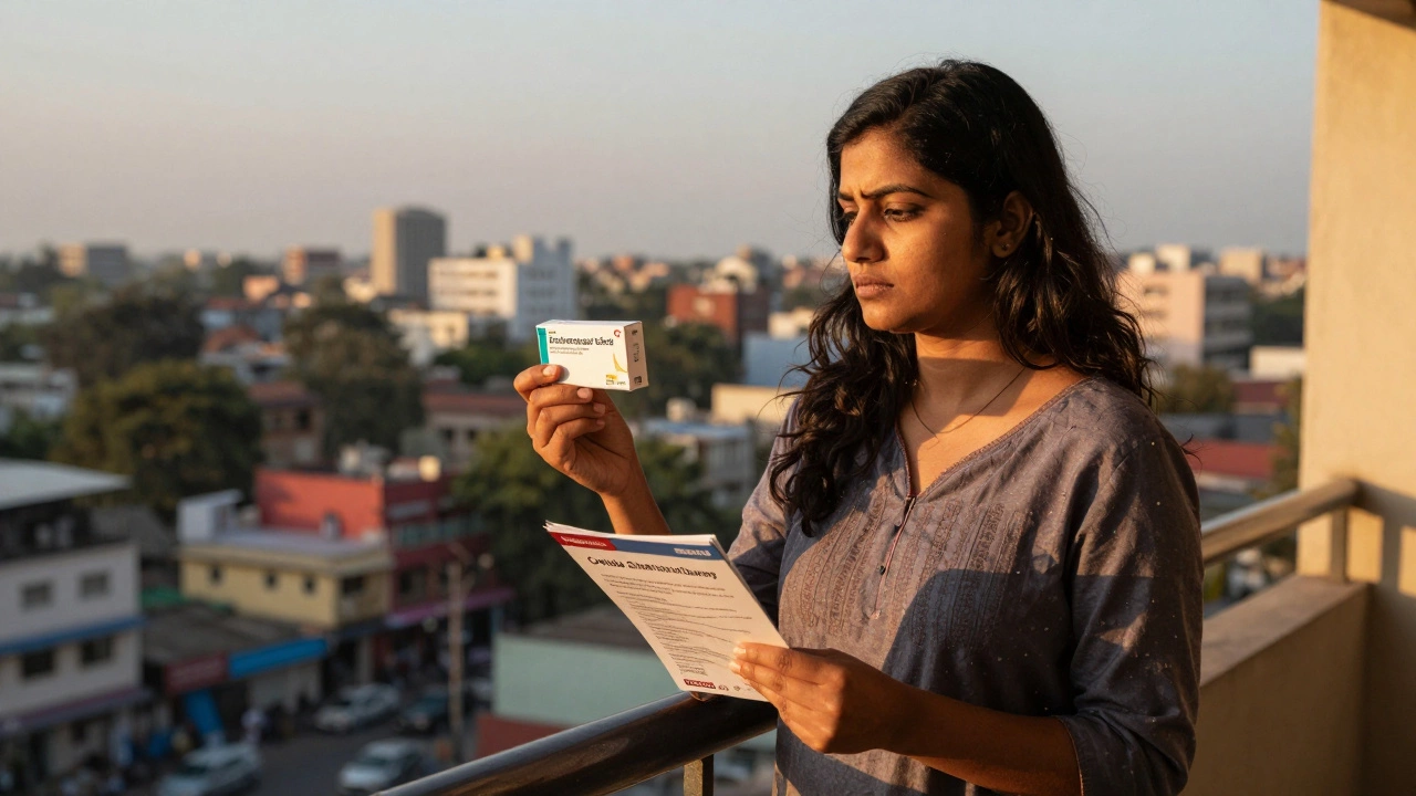 Woman contemplating IVF choices with meds and travel brochure