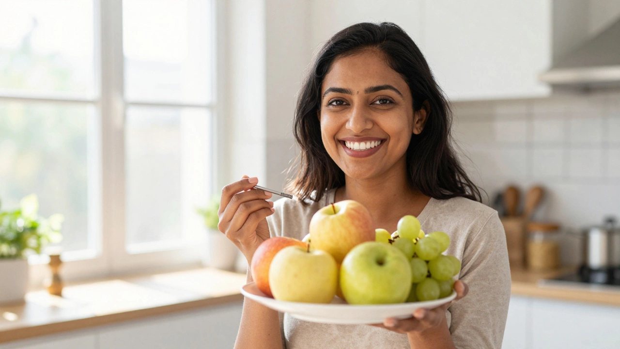 Woman smiling and eating fruit after dental implant recovery