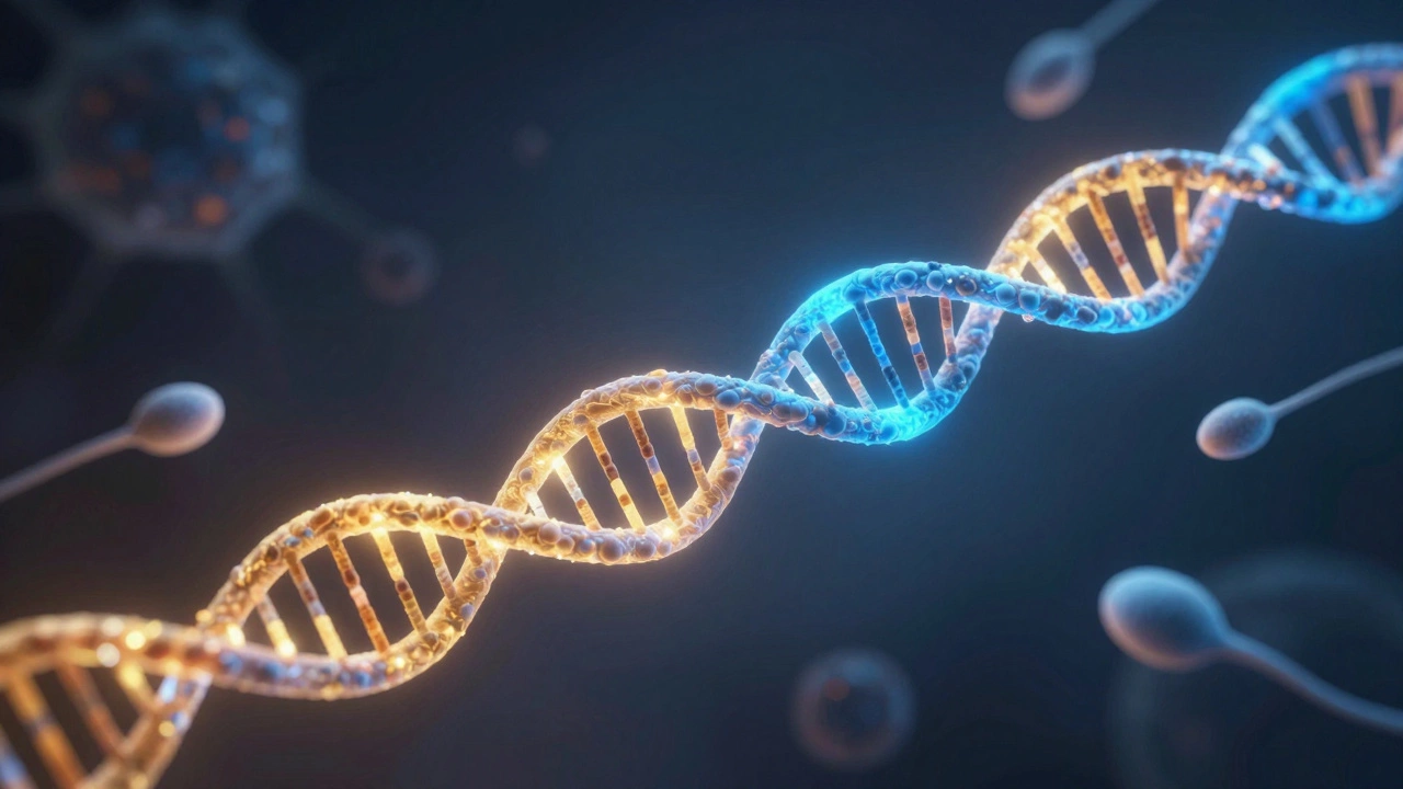 Abstract DNA strands merging to represent genetic contributions in IVF