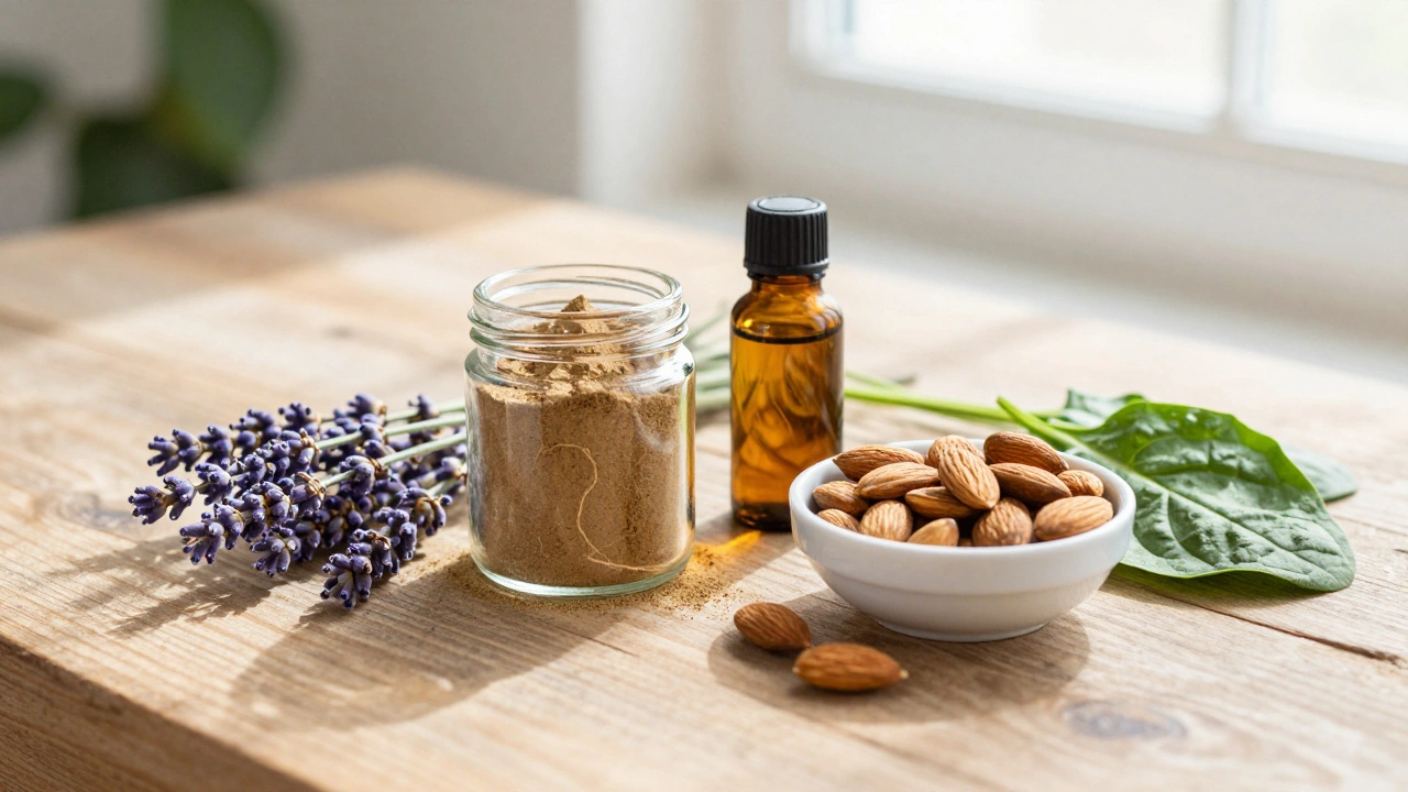 Ashwagandha, lavender oil, and nuts arranged on a wooden desk for wellness