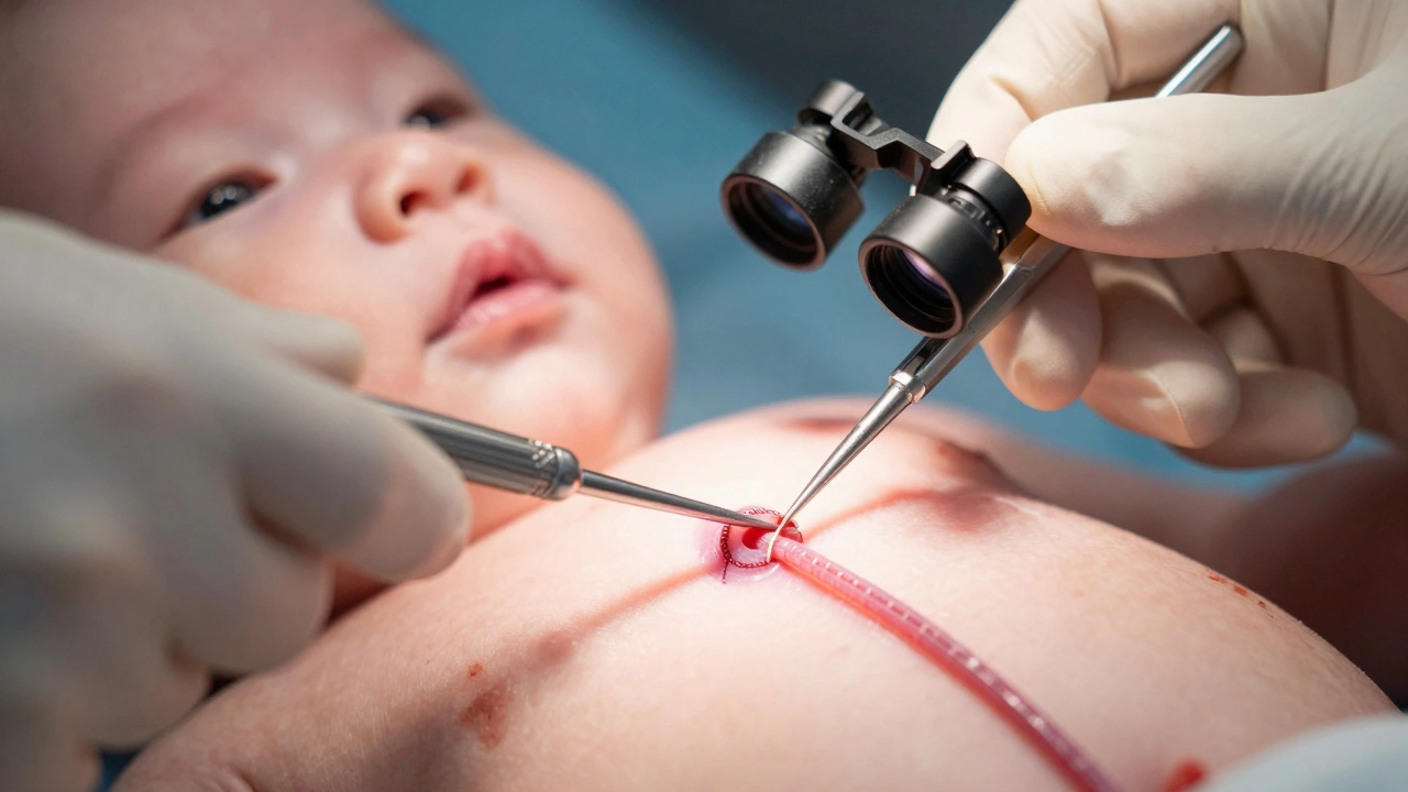 Close-up of microscopic suturing during infant congenital heart surgery