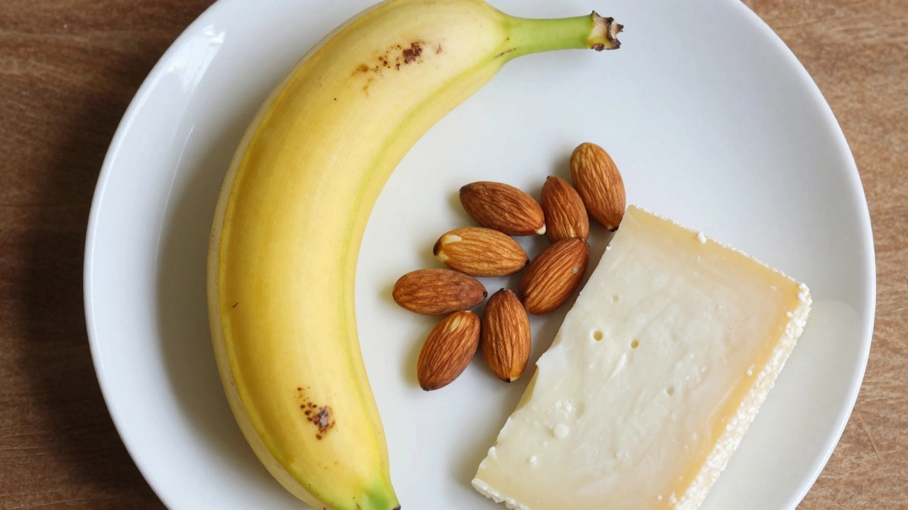 Half a banana paired with almonds and cheese on a plate