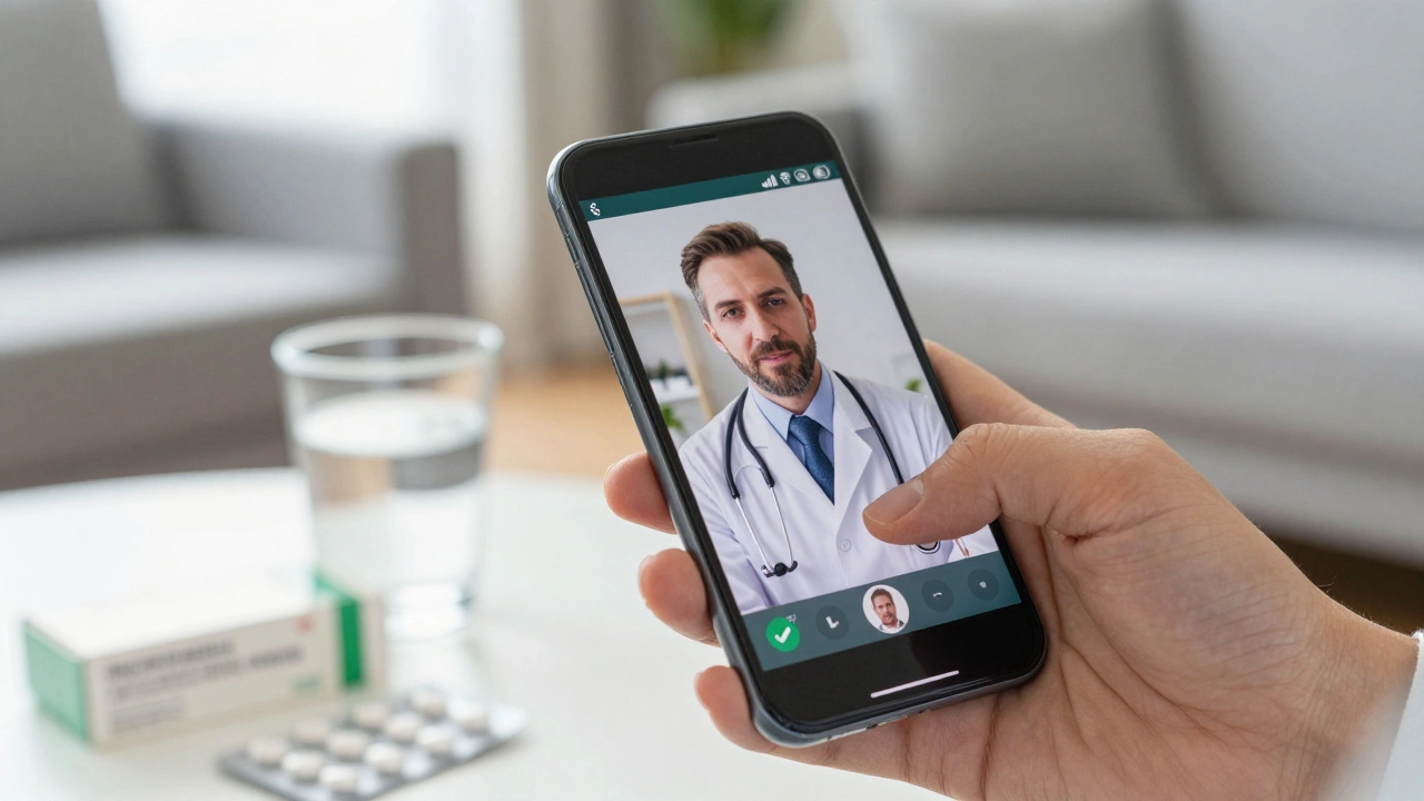 Hand holding phone during video consult with medicine nearby