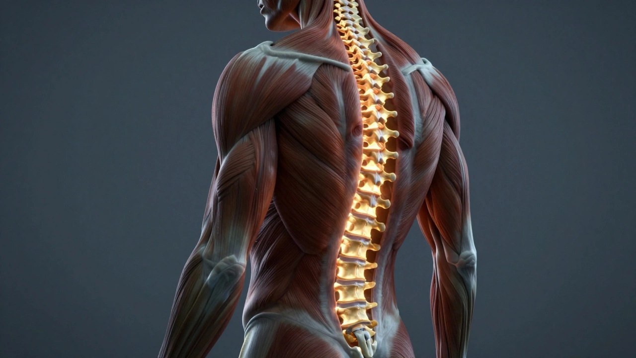 Illustration of fused spine with tense back muscles
