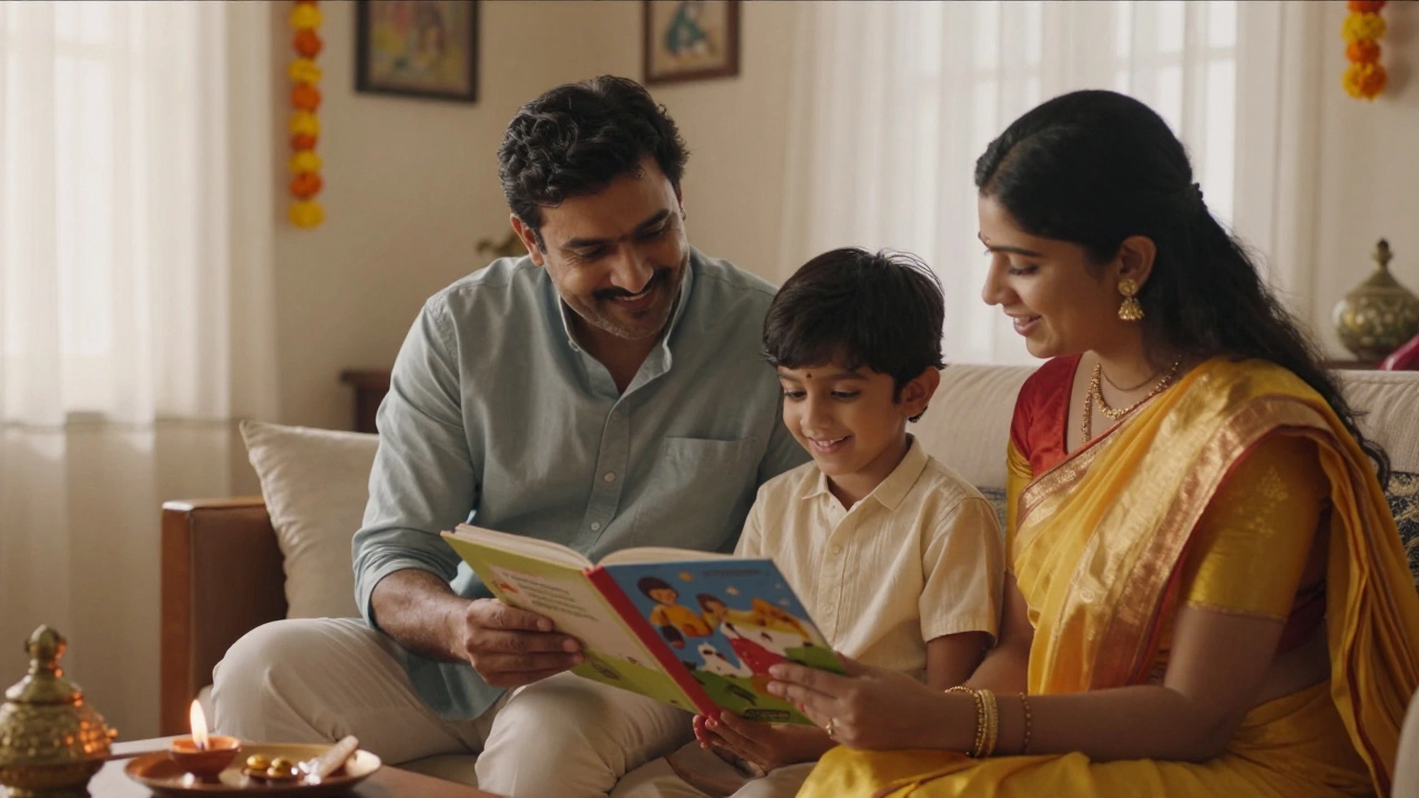 Indian parents reading to child, highlighting love over genetics