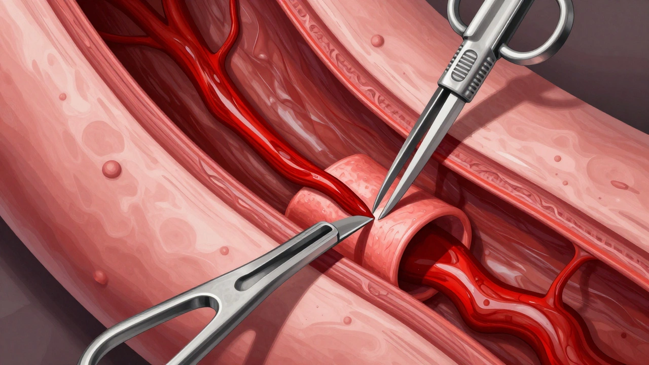 Medical illustration of an aortic dissection repair during emergency surgery