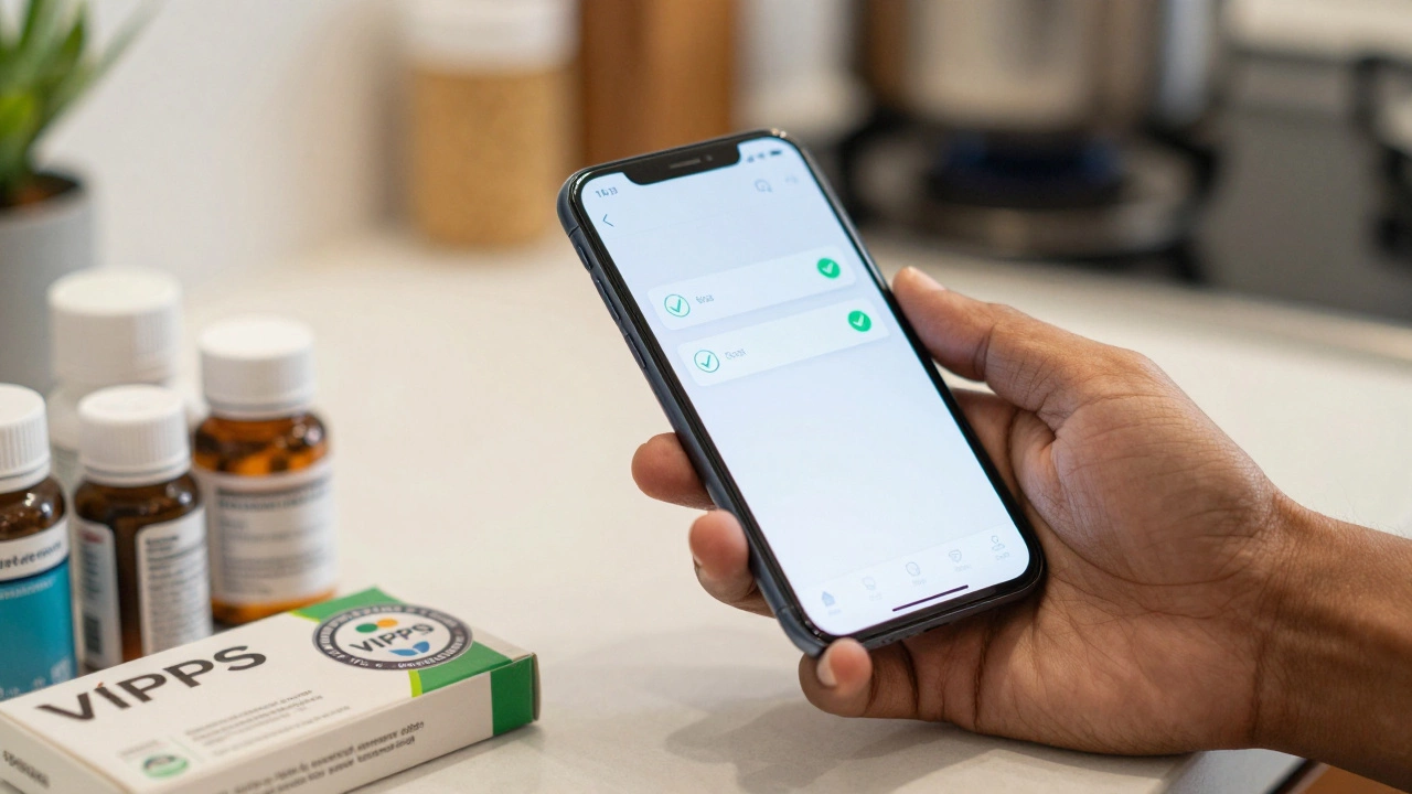 Smartphone showing pharmacy comparison with safety seal nearby
