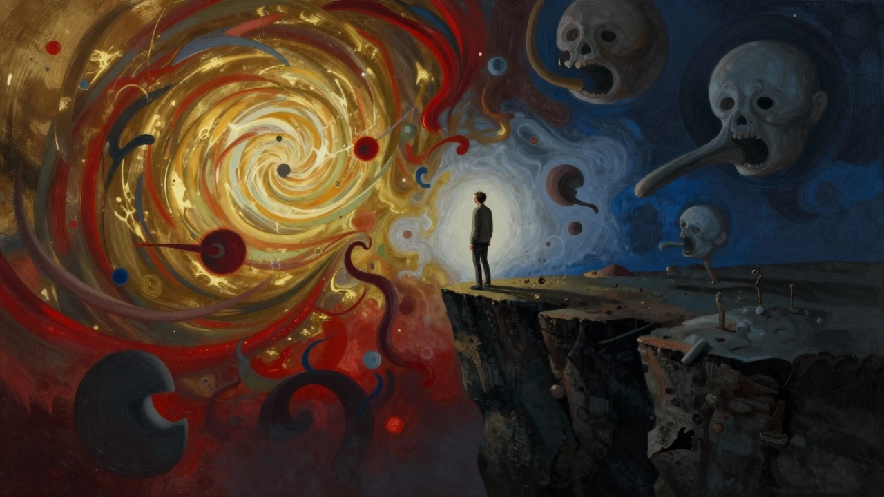 Split scene showing chaotic mania and dark depression around a person