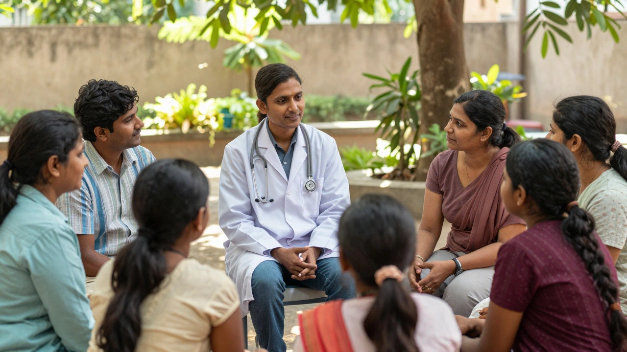 Supportive group therapy session in sunny Indian clinic garden