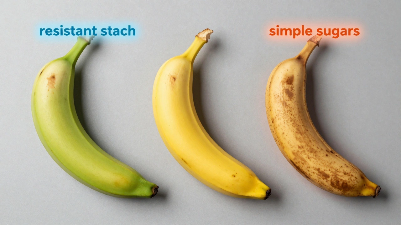 Three bananas showing green, yellow, and brown ripeness stages