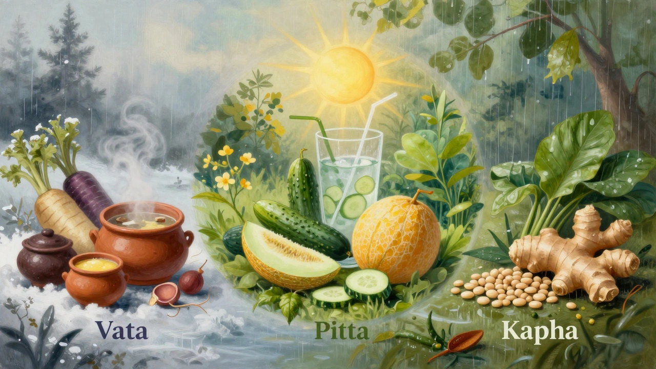 Artistic depiction of seasonal eating principles in Ayurveda