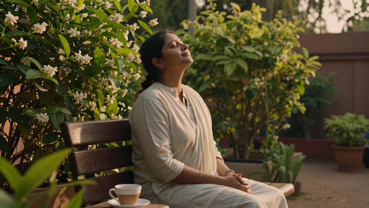 Caregiver resting peacefully on garden bench during a moment of respite