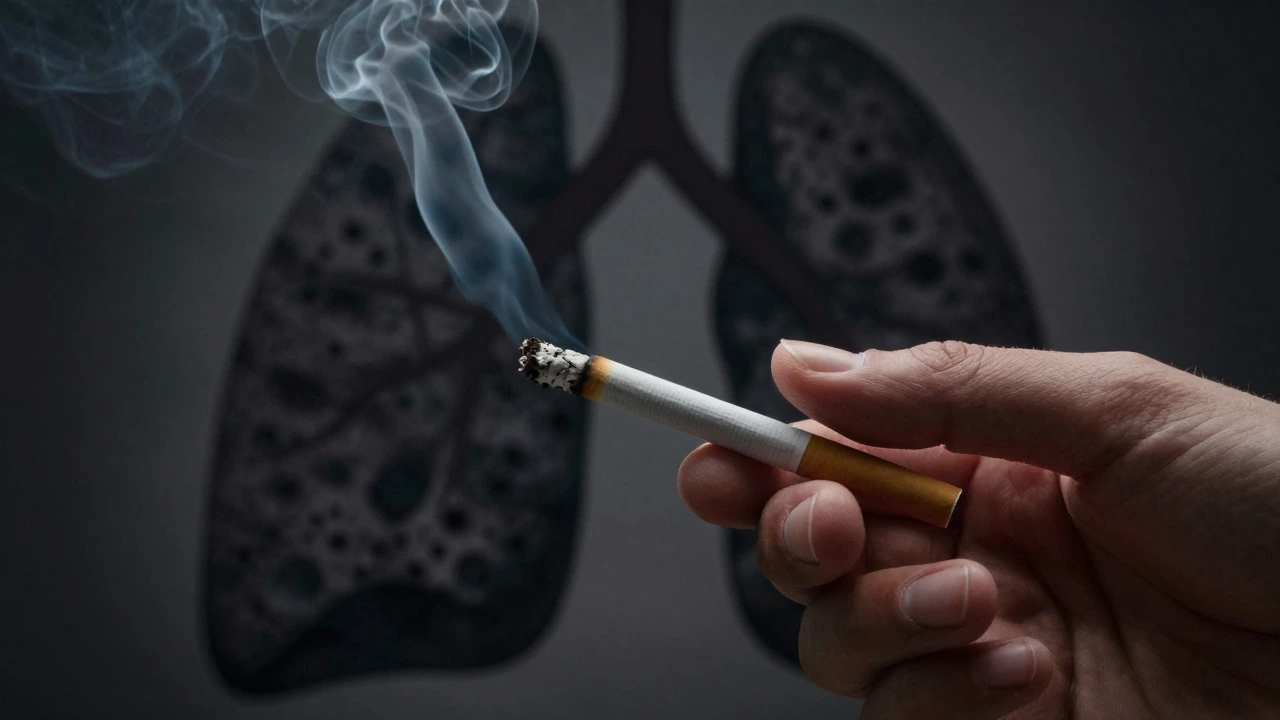 Cigarette smoke transforming into dark clouds over lung silhouettes, symbolizing lung cancer risk.
