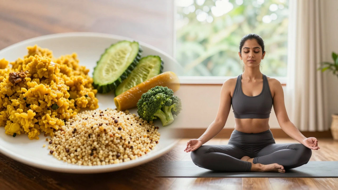 Healthy Indian meal and person meditating, representing diet and stress management