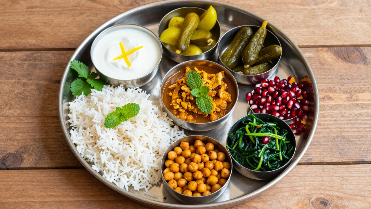 Indian thali plate showcasing the six Ayurvedic tastes